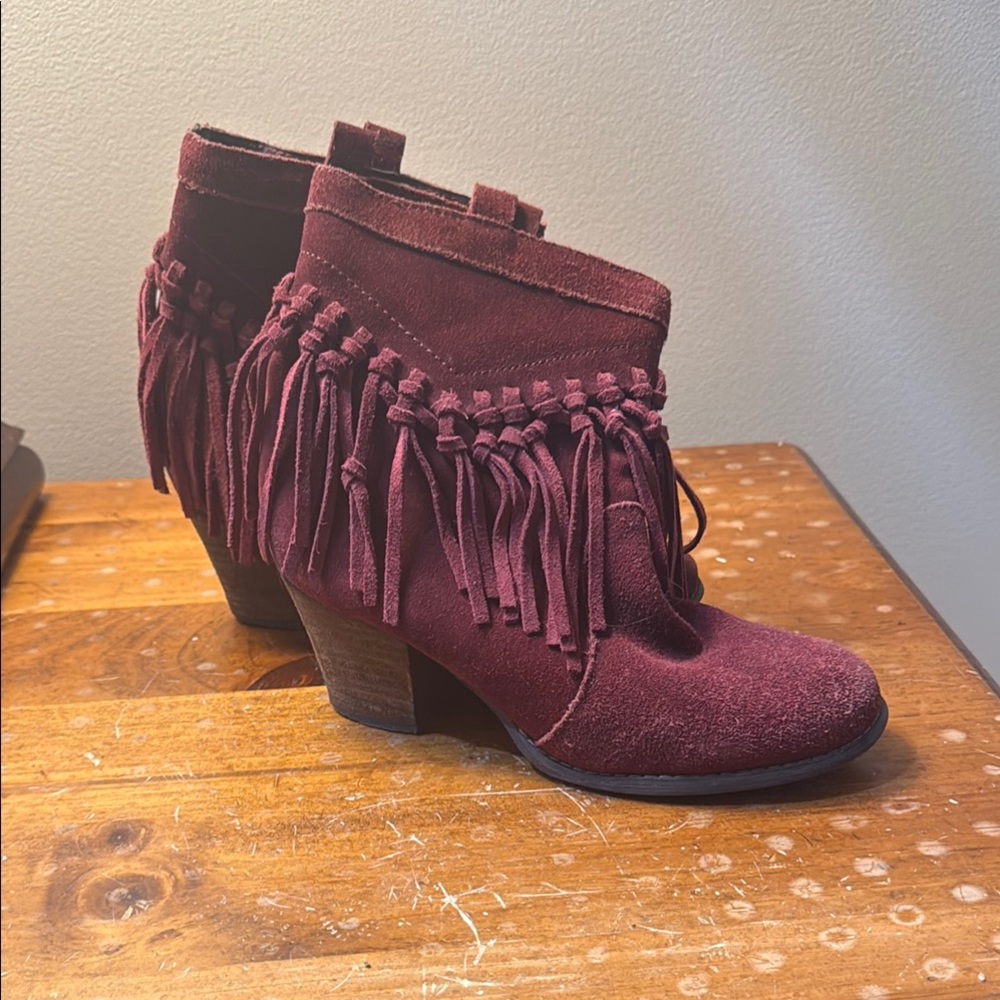 Sbicca Vintage Brand Fringe Suede Ankle Boots - Burgundy